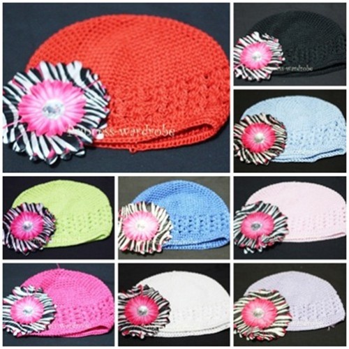 Crochet Beanie Hat with Hot Pink Zebra Crystal Daisy Flower pettiskirt Tutu P000250 